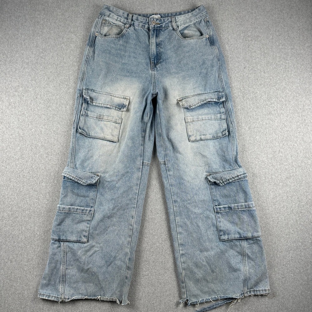 Forever 21 Jeans Womens 31 Cargo Blue Denim Raw Hem Wide Leg Utility Pants